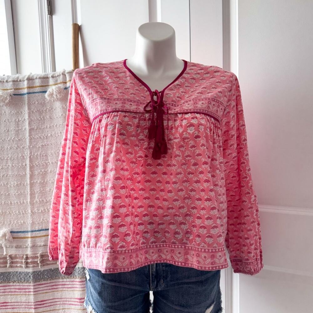 Marea Isla Pink Floral Long Puff Sleeves Boho Pullover Top Women’s Size Large